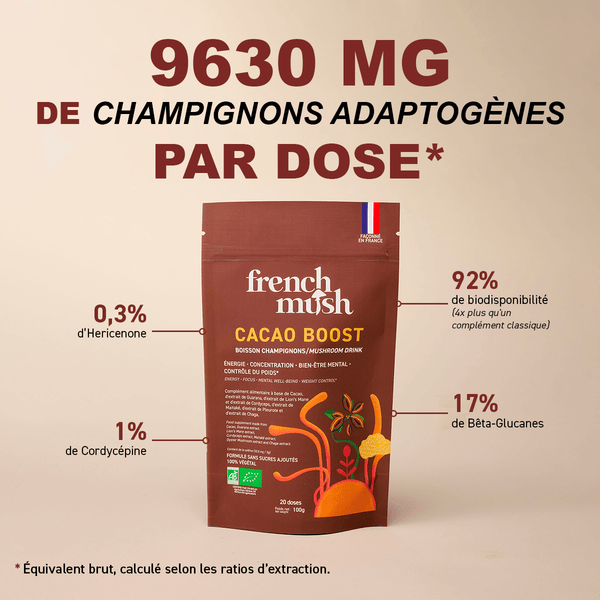 French Mush compléments alimentaires à base d'extraits de champignons médicinaux biologiques fabriqués en France Boisson Boost Bio · Cacao - boisson -