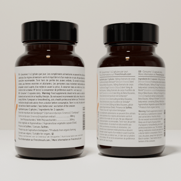 French Mush compléments alimentaires à base d'extraits de champignons médicinaux biologiques fabriqués en France Complexe Champignons 5 - Cordyceps Bio - gélules -