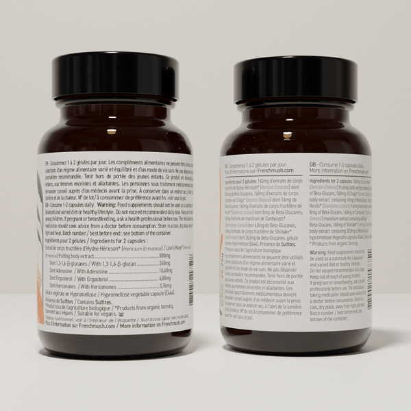 French Mush compléments alimentaires à base d'extraits de champignons médicinaux biologiques fabriqués en France Complexe Champignons 5 - Lion's Mane Bio - gélules -