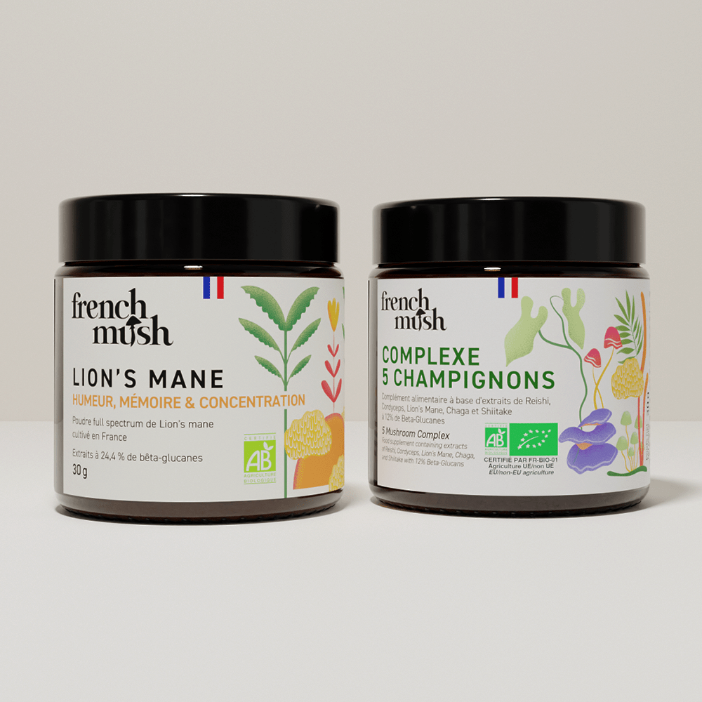 French Mush compléments alimentaires à base d'extraits de champignons médicinaux biologiques fabriqués en France Complexe Champignons 5 - Lion's Mane en poudres Bio - poudre -