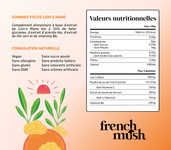 French Mush compléments alimentaires à base d'extraits de champignons médicinaux biologiques fabriqués en France Gummies Focus (VIP) - VIP -