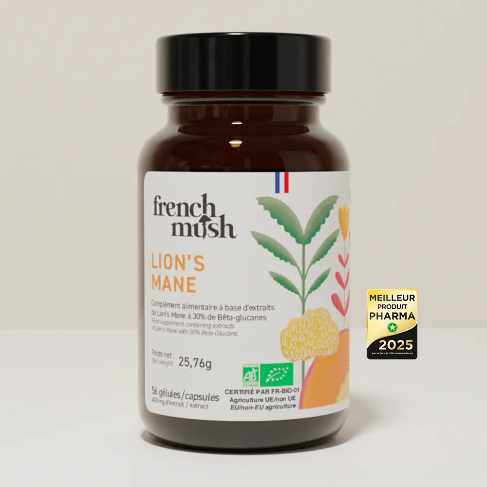 French Mush compléments alimentaires à base d'extraits de champignons médicinaux biologiques fabriqués en France Le Lion’s Mane Bio - TDA - gélules -