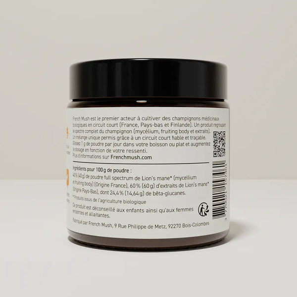 French Mush compléments alimentaires à base d'extraits de champignons médicinaux biologiques fabriqués en France Le Lion’s Mane - Concentration - poudre Bio - poudre -