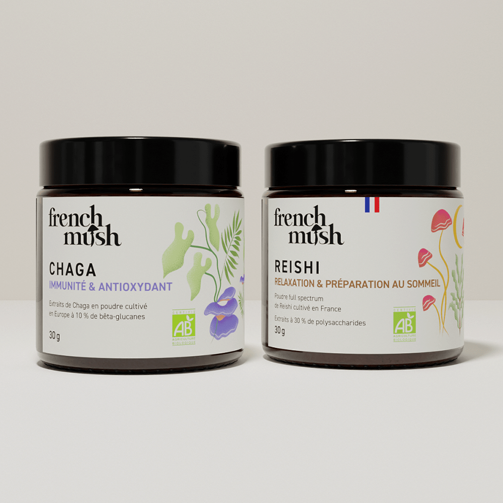 French Mush compléments alimentaires à base d'extraits de champignons médicinaux biologiques fabriqués en France Le pack Immunité et Sommeil Poudres Bio - poudre -