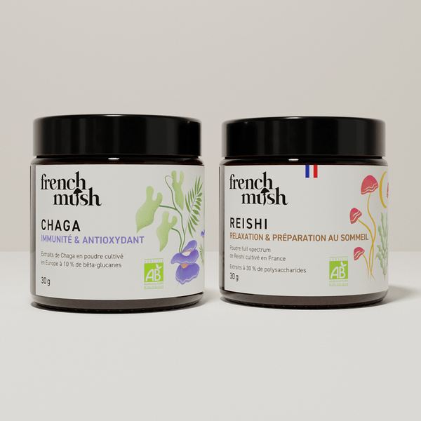 French Mush compléments alimentaires à base d'extraits de champignons médicinaux biologiques fabriqués en France Le pack Immunité et Sommeil Poudres Bio - poudre -