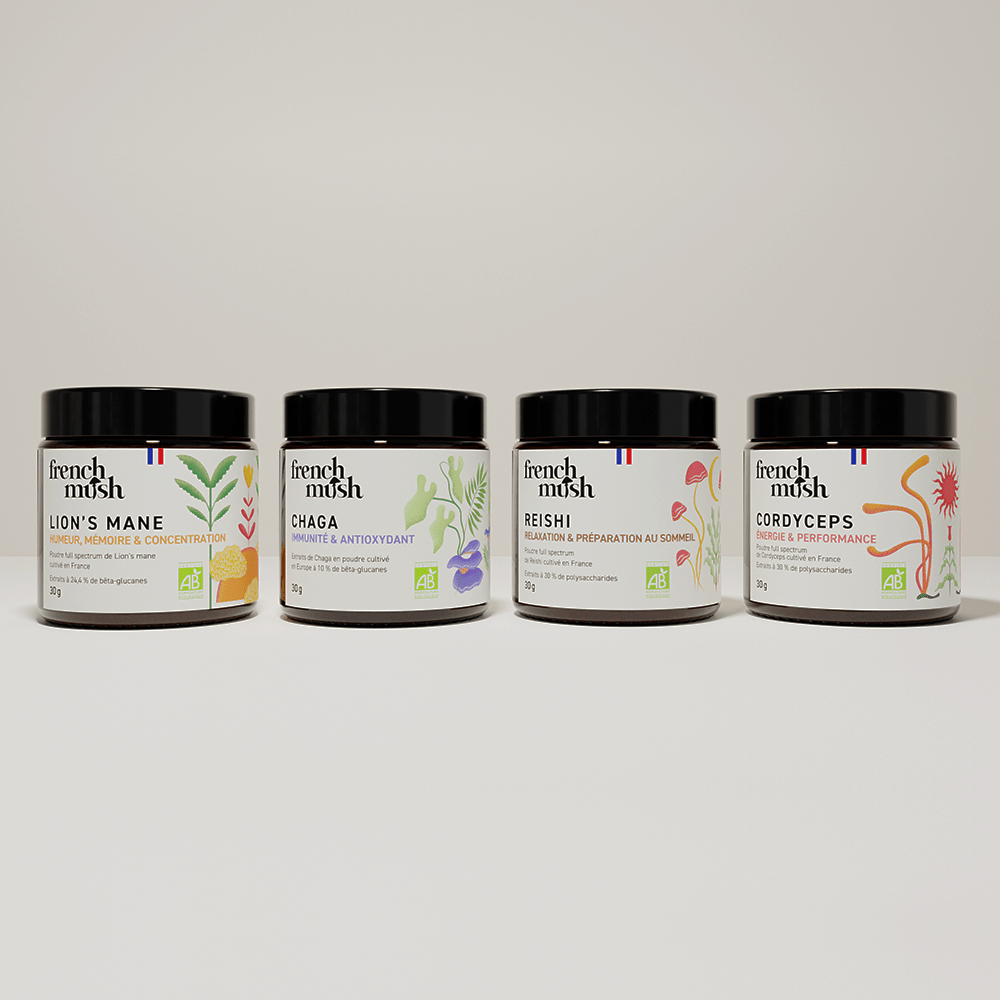 French Mush compléments alimentaires à base d'extraits de champignons médicinaux biologiques fabriqués en France Le pack French Mush extraits en poudres Bio - poudre -