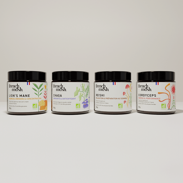 French Mush compléments alimentaires à base d'extraits de champignons médicinaux biologiques fabriqués en France Le pack French Mush extraits en poudres Bio - poudre -