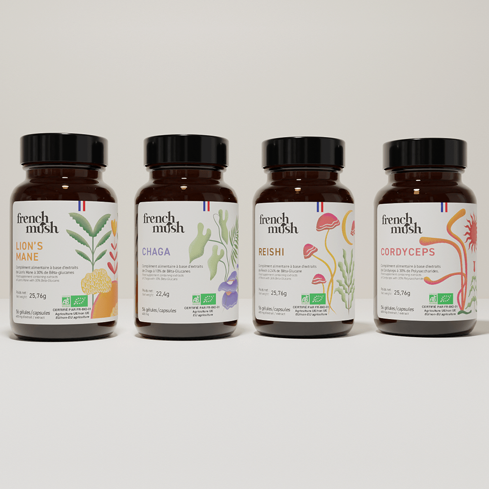 French Mush compléments alimentaires à base d'extraits de champignons médicinaux biologiques fabriqués en France - Le pack French Mush Gélules Bio - French Mushgélules