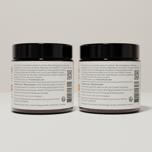 French Mush compléments alimentaires à base d'extraits de champignons médicinaux biologiques fabriqués en France Le Pack Mental et Énergie extraits en poudres Bio - poudre -