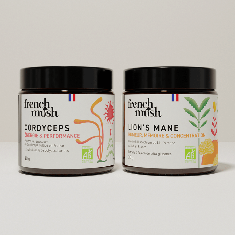 French Mush compléments alimentaires à base d'extraits de champignons médicinaux biologiques fabriqués en France Le Pack Mental et Énergie extraits en poudres Bio - poudre -