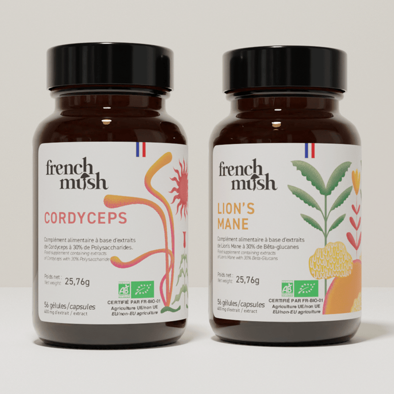 French Mush compléments alimentaires à base d'extraits de champignons médicinaux biologiques fabriqués en France - Le Pack Mental et Énergie Gélules Bio - French Mushgélules