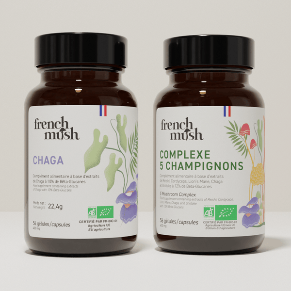 French Mush compléments alimentaires à base d'extraits de champignons médicinaux biologiques fabriqués en France Complexe Champignons 5 - Chaga Bio - gélules -