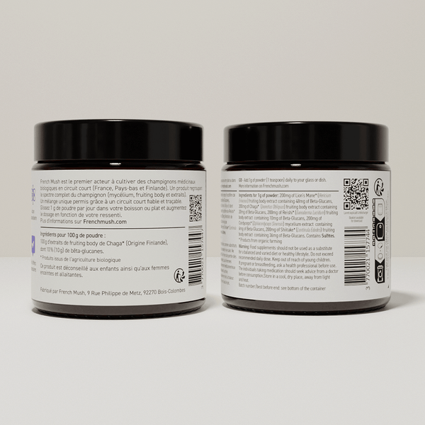 French Mush compléments alimentaires à base d'extraits de champignons médicinaux biologiques fabriqués en France Complexe Champignons 5 - Chaga en poudres - poudre -