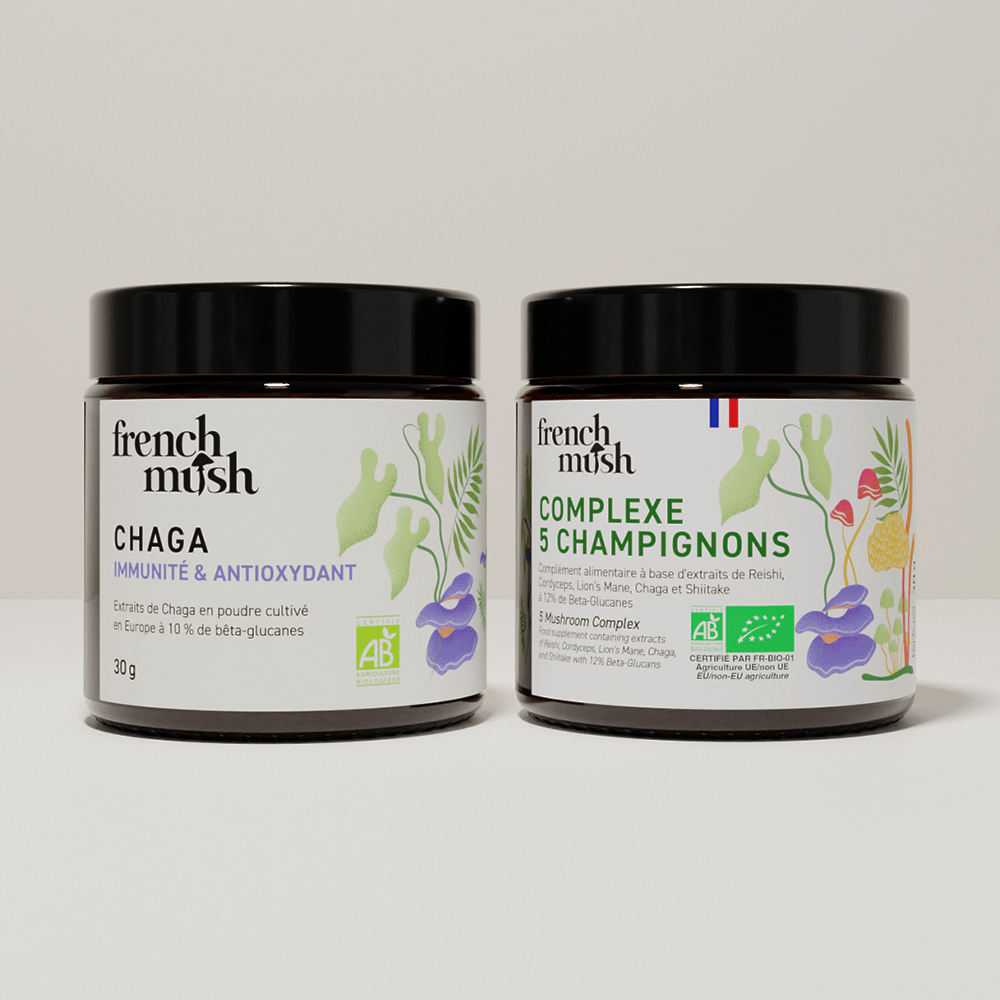 French Mush compléments alimentaires à base d'extraits de champignons médicinaux biologiques fabriqués en France Complexe Champignons 5 - Chaga en poudres - poudre -