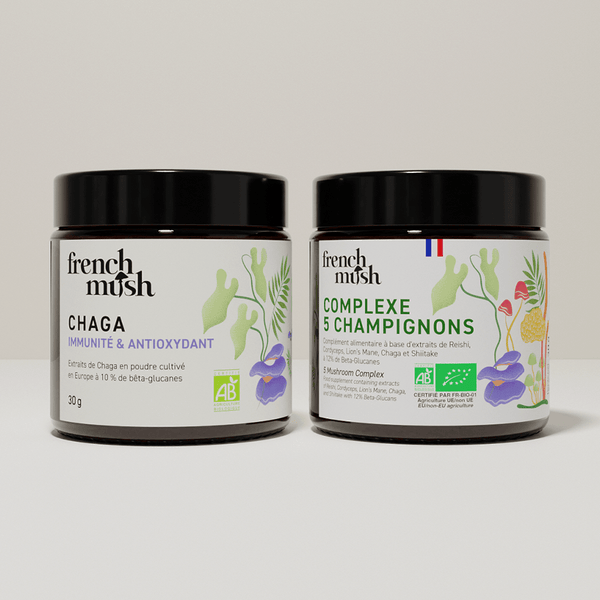 French Mush compléments alimentaires à base d'extraits de champignons médicinaux biologiques fabriqués en France Complexe Champignons 5 - Chaga en poudres - poudre -