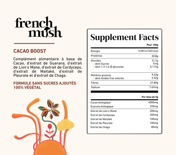 French Mush compléments alimentaires à base d'extraits de champignons médicinaux biologiques fabriqués en France Boisson Boost Bio · Cacao - boisson -