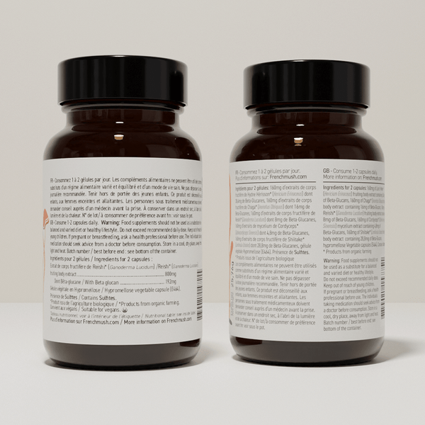 French Mush compléments alimentaires à base d'extraits de champignons médicinaux biologiques fabriqués en France Complexe Champignons 5 - Reishi Bio - gélules -