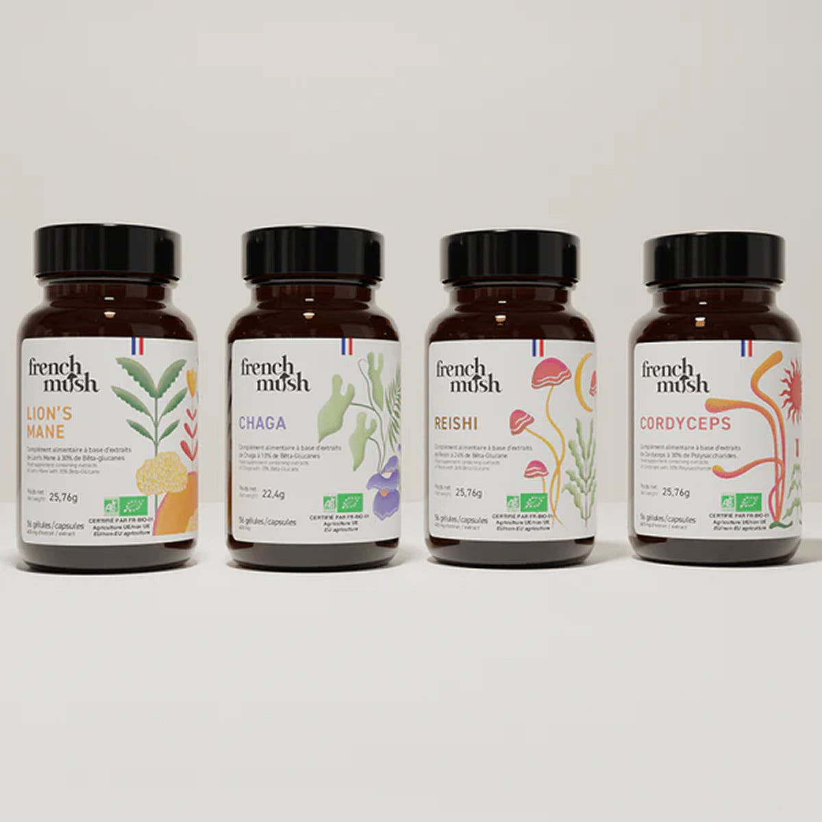 French Mush compléments alimentaires à base d'extraits de champignons médicinaux biologiques fabriqués en France - Le pack French Mush Gélules Bio - French Mush-gélules