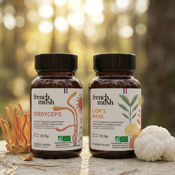 French Mush compléments alimentaires à base d'extraits de champignons médicinaux biologiques fabriqués en France - Le Pack Mental et Énergie Gélules Bio - French Mush-gélules